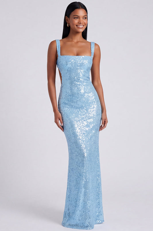Square Neck Sequin Light Blue Mermaid Formal Dress