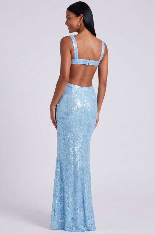 Square Neck Sequin Light Blue Mermaid Formal Dress