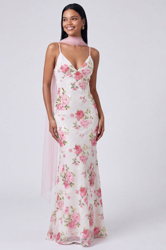 White Pink Mermaid Maxi Floral Dress with Sequins