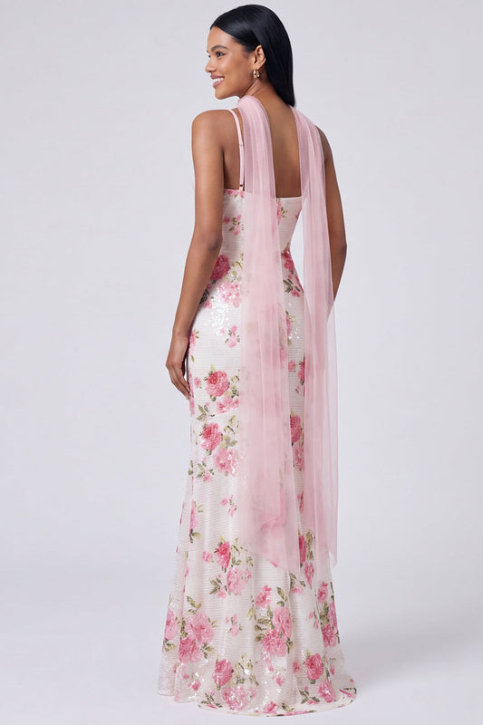 White Pink Mermaid Maxi Floral Dress with Sequins