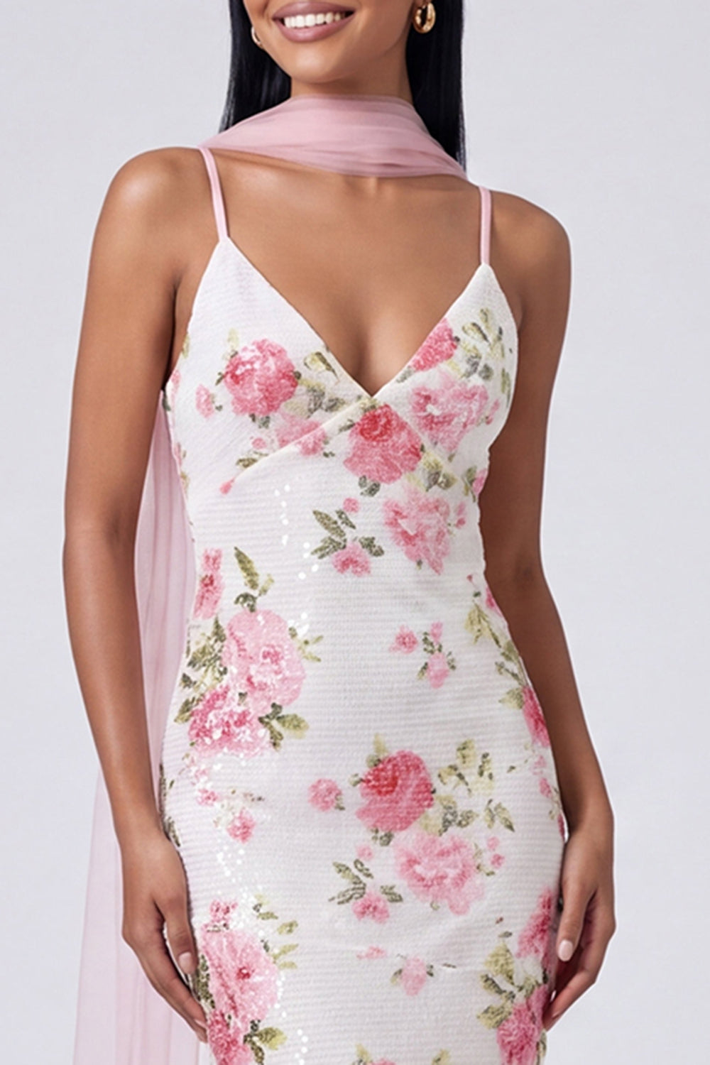 Robe longue sirène blanc rose florale à sequins