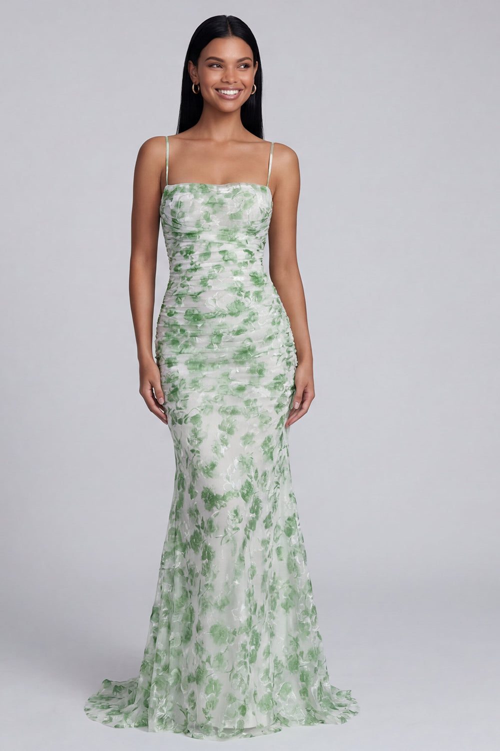 Robe de soirée sirène vert clair à fines bretelles