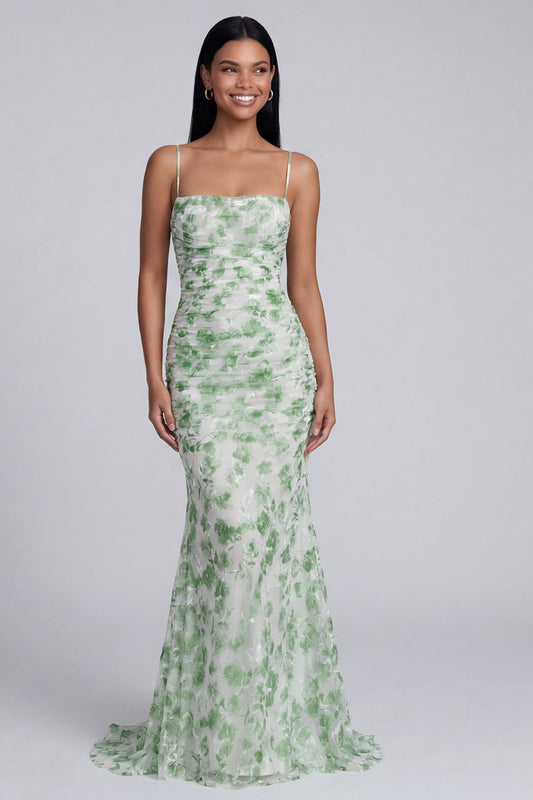 Robe de soirée sirène vert clair à fines bretelles