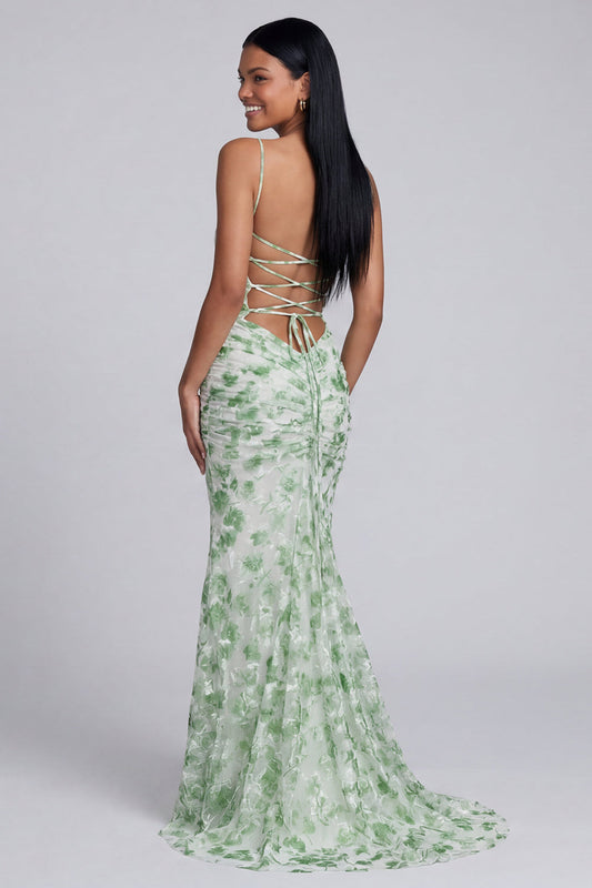 Robe de soirée sirène vert clair à fines bretelles