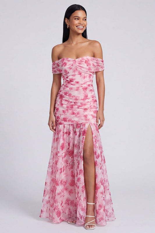 Off the Shoulder A Line Pink Floral Maxi Dress with Slit