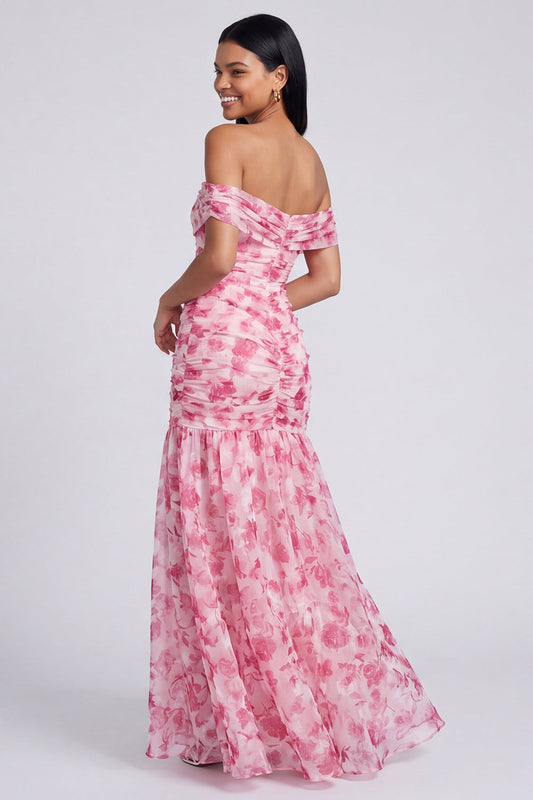 Off the Shoulder A Line Pink Floral Maxi Dress with Slit