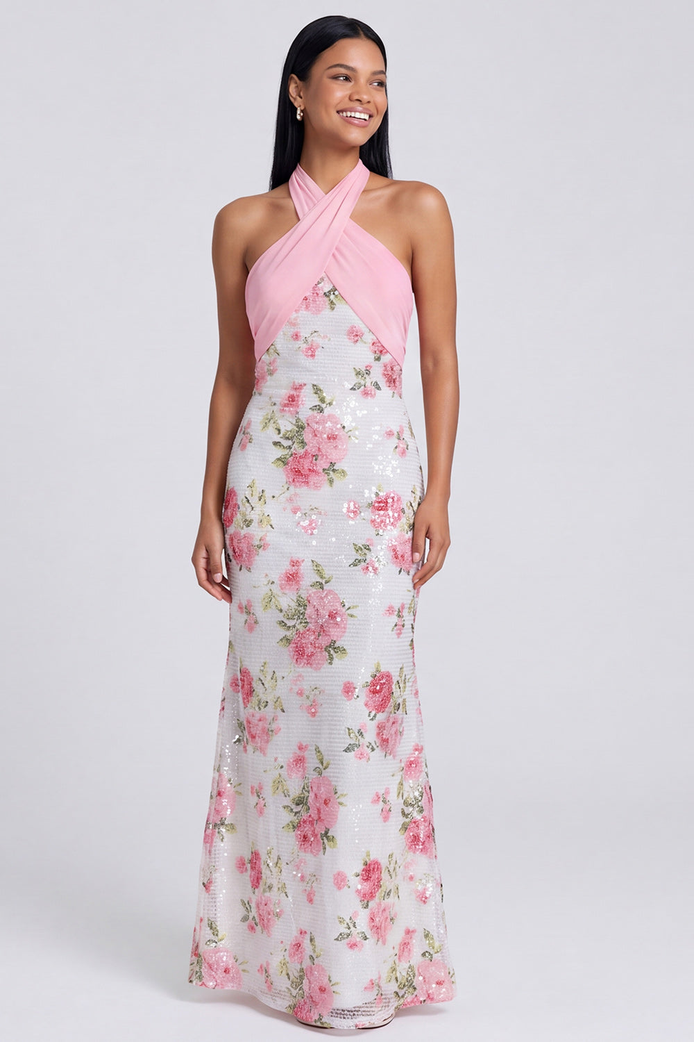 Light Pink Halter Mermaid Maxi Floral Dress