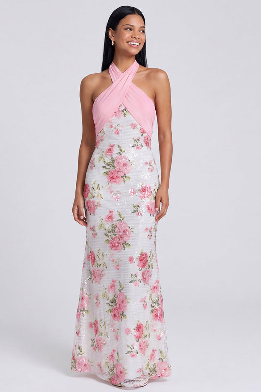 Light Pink Halter Mermaid Maxi Floral Dress