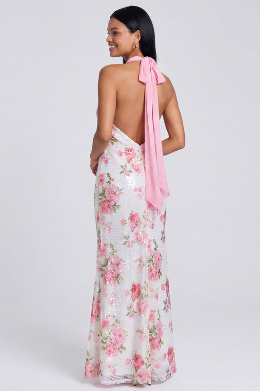 Light Pink Halter Mermaid Maxi Floral Dress