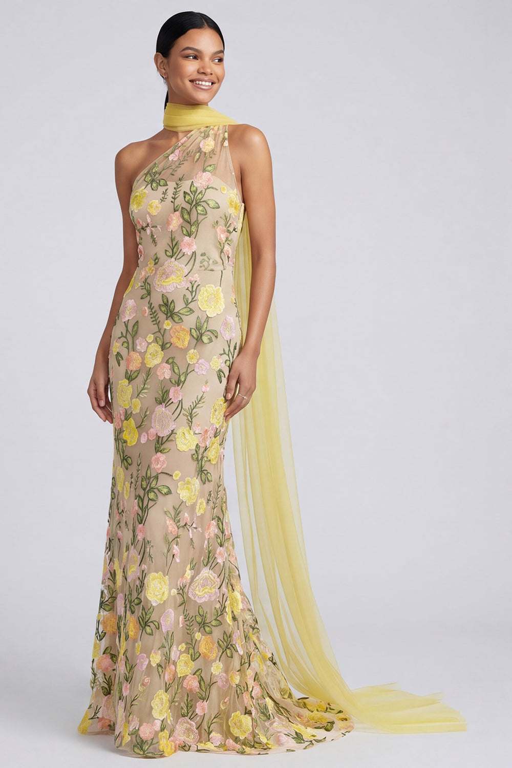 One Shoulder Yellow Mermaid Appliqued Maxi Floral Dress
