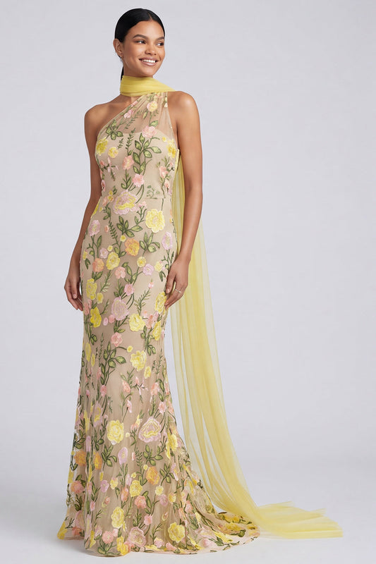 One Shoulder Yellow Mermaid Appliqued Maxi Floral Dress