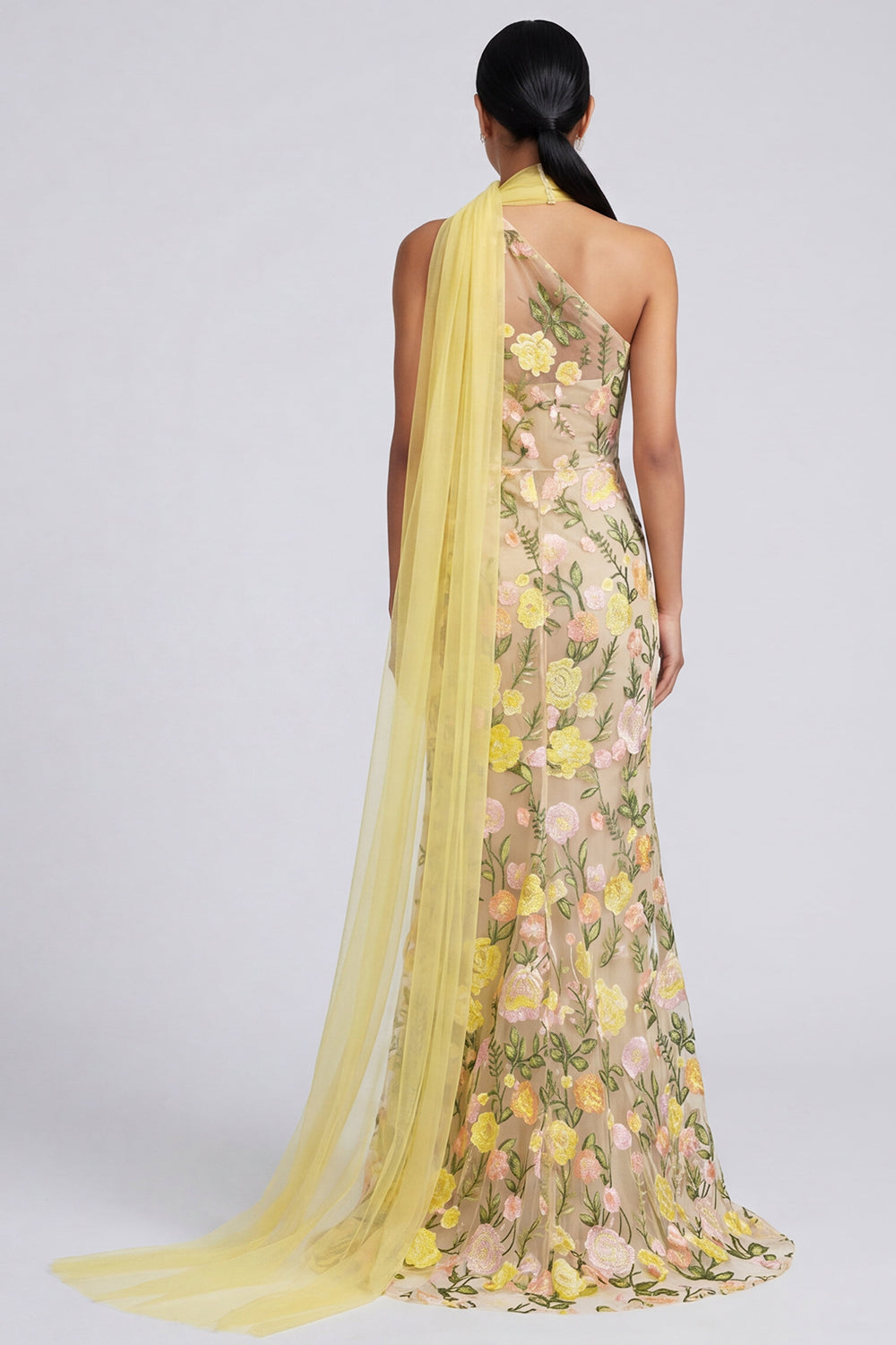 One Shoulder Yellow Mermaid Appliqued Maxi Floral Dress