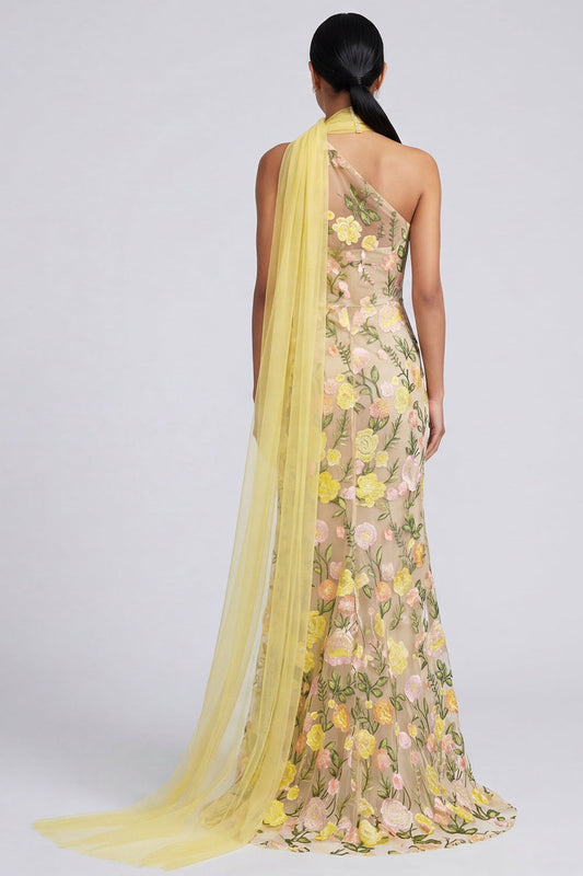 One Shoulder Yellow Mermaid Appliqued Maxi Floral Dress