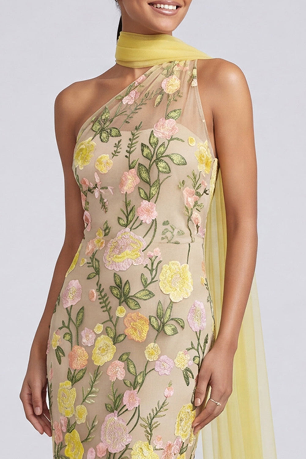 One Shoulder Yellow Mermaid Appliqued Maxi Floral Dress