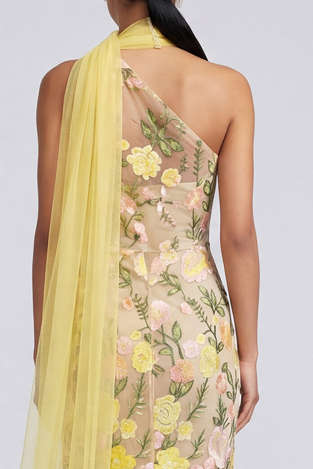 One Shoulder Yellow Mermaid Appliqued Maxi Floral Dress