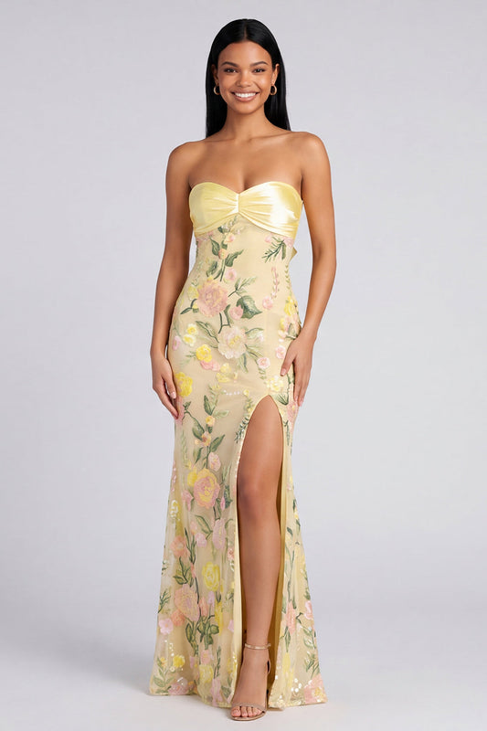 Strapless Yellow Mermaid Floral Maxi Dress with Slit