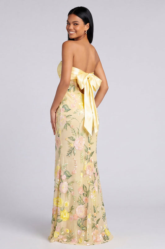 Strapless Yellow Mermaid Floral Maxi Dress with Slit