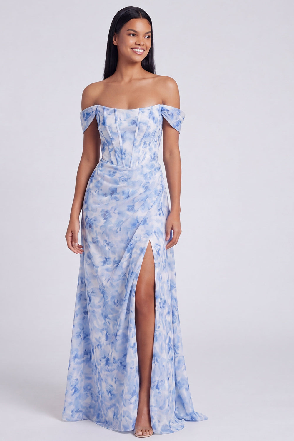 Off The Shoulder Blue Floral A Line Formal Dress with Slit