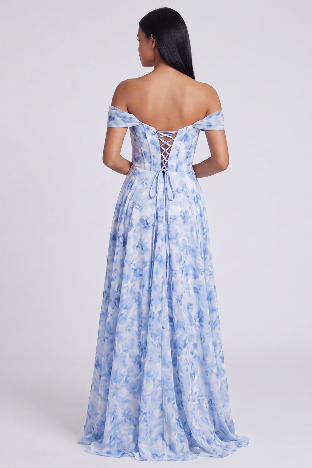 Off The Shoulder Blue Floral A Line Formal Dress with Slit