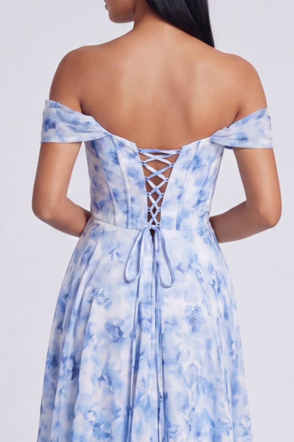 Off The Shoulder Blue Floral A Line Formal Dress with Slit