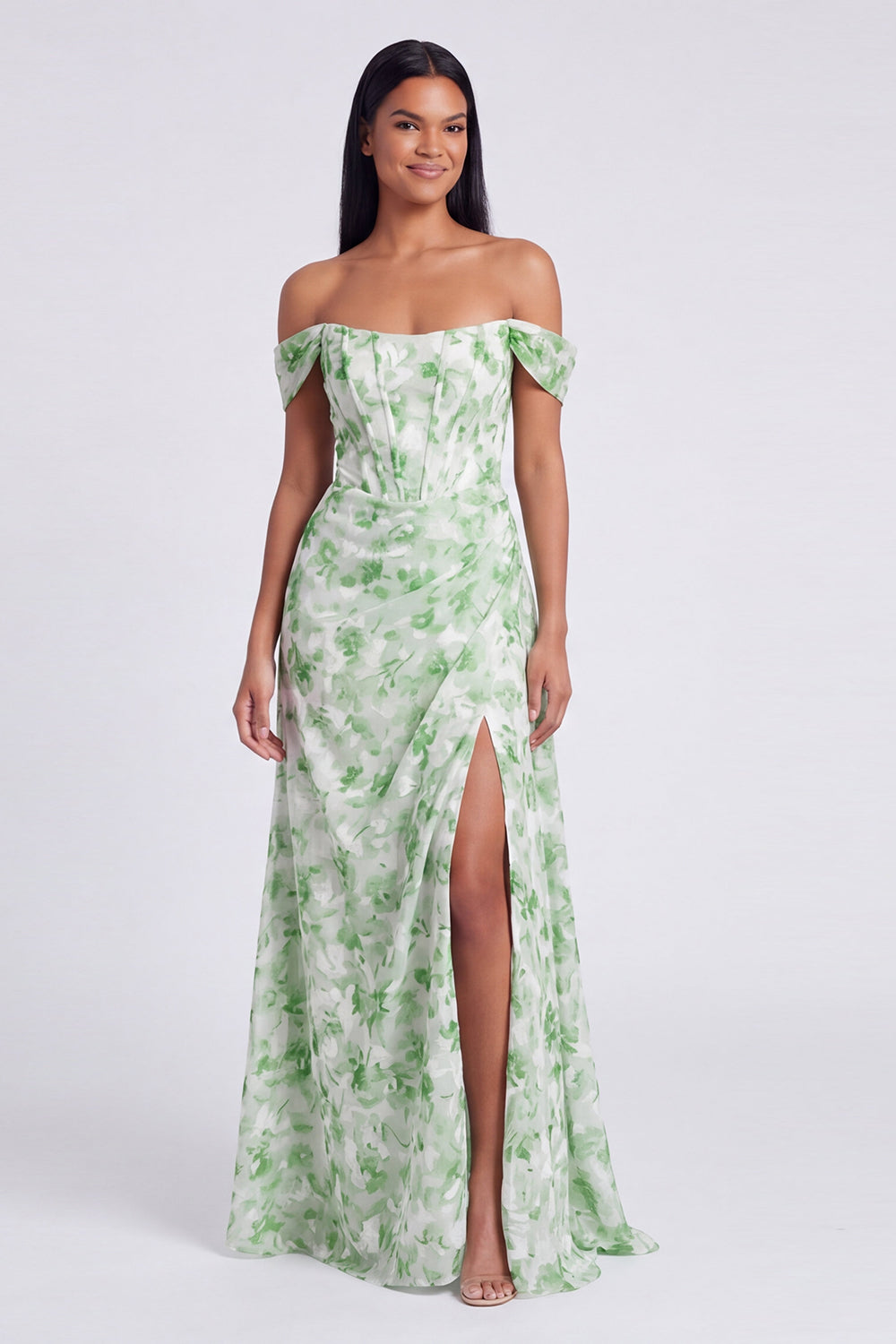 Off The Shoulder Blue Floral A Line Formal Dress with Slit