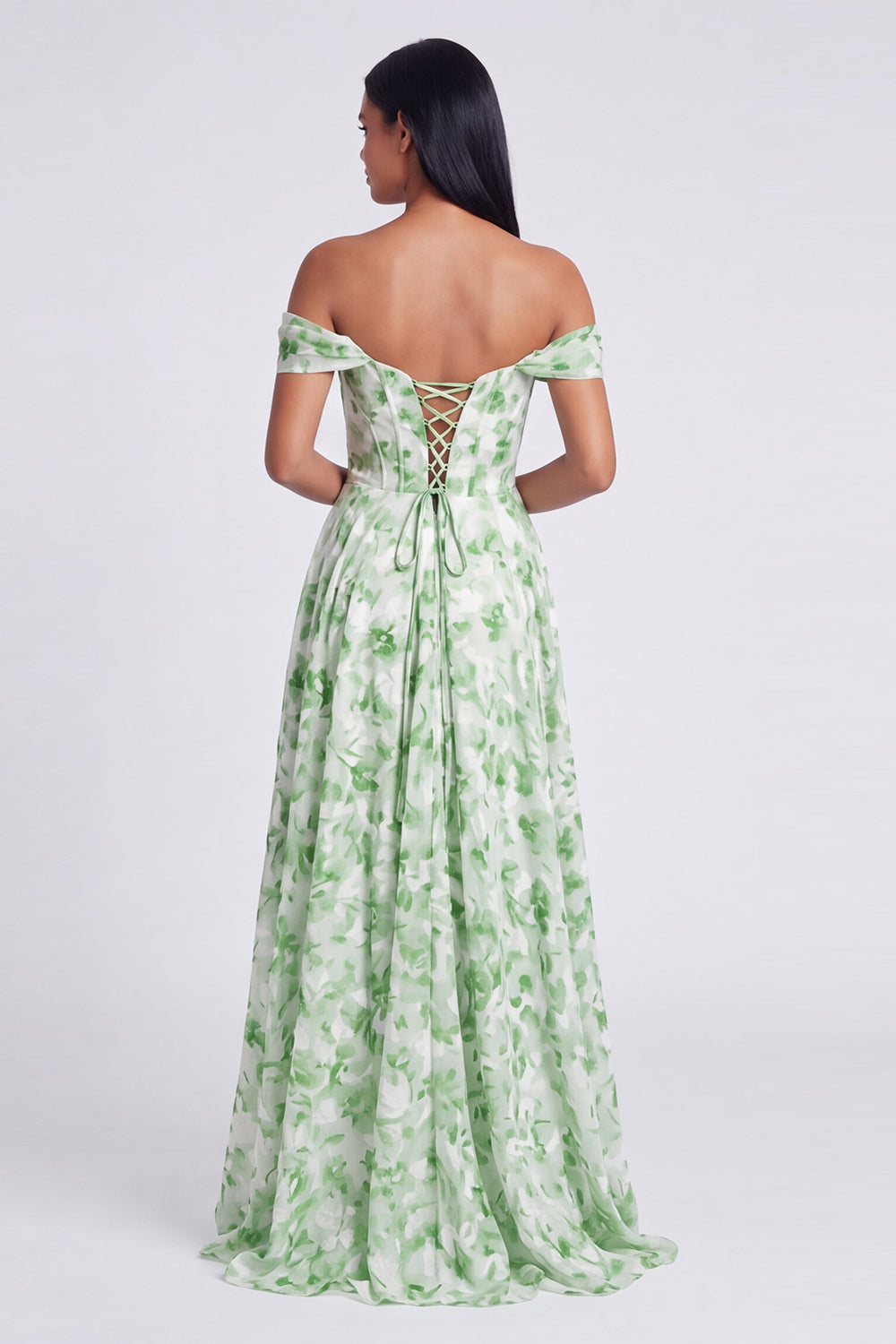 Off The Shoulder Blue Floral A Line Formal Dress with Slit