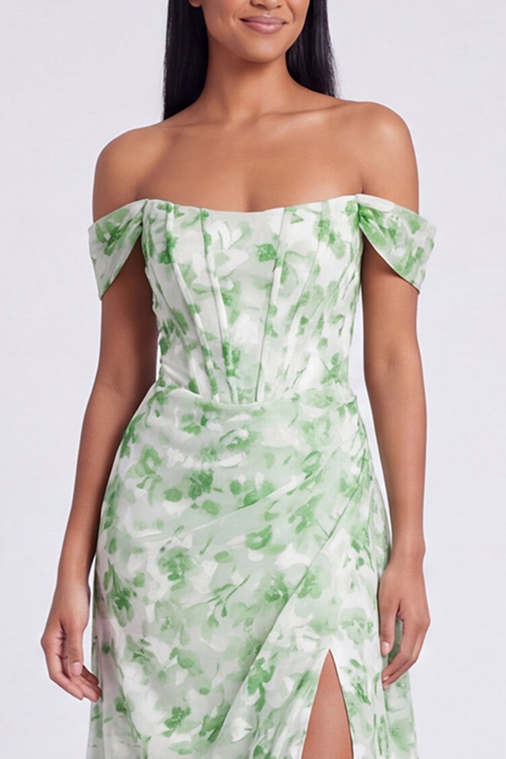 Off The Shoulder Blue Floral A Line Formal Dress with Slit