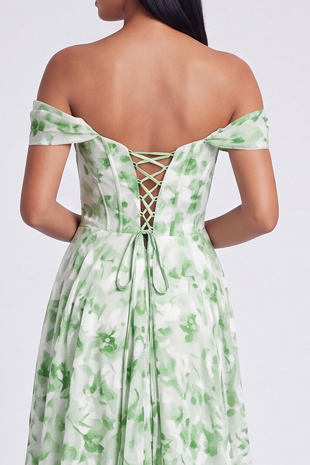 Off The Shoulder Blue Floral A Line Formal Dress with Slit