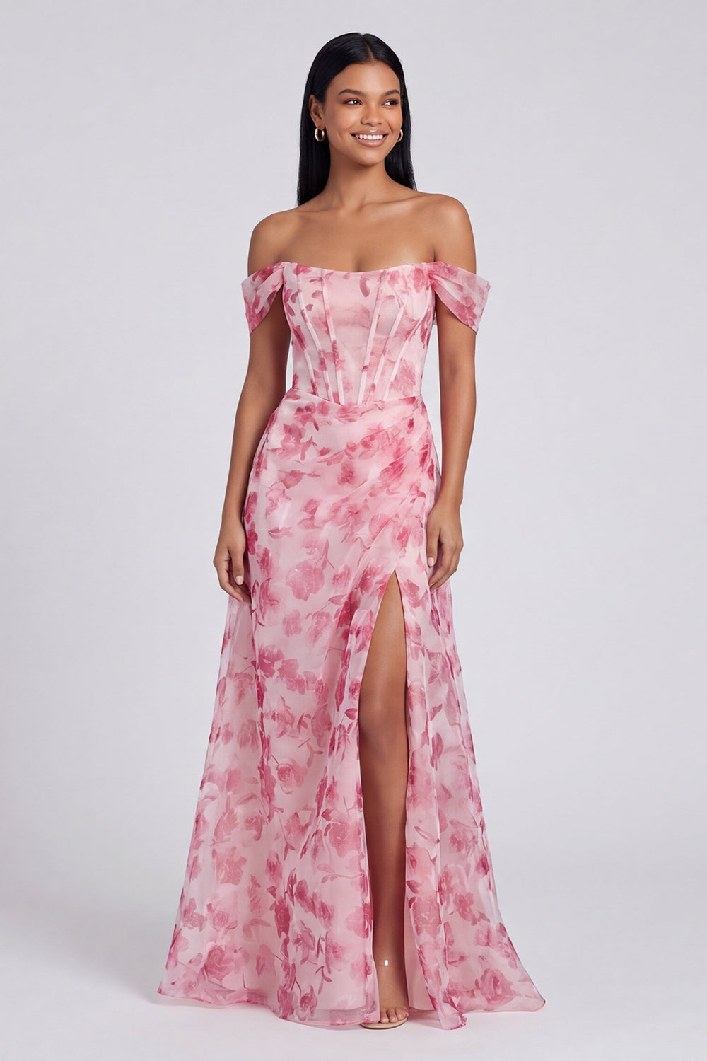Off The Shoulder Blue Floral A Line Formal Dress with Slit
