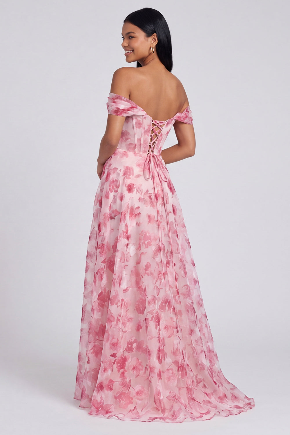 Off The Shoulder Blue Floral A Line Formal Dress with Slit