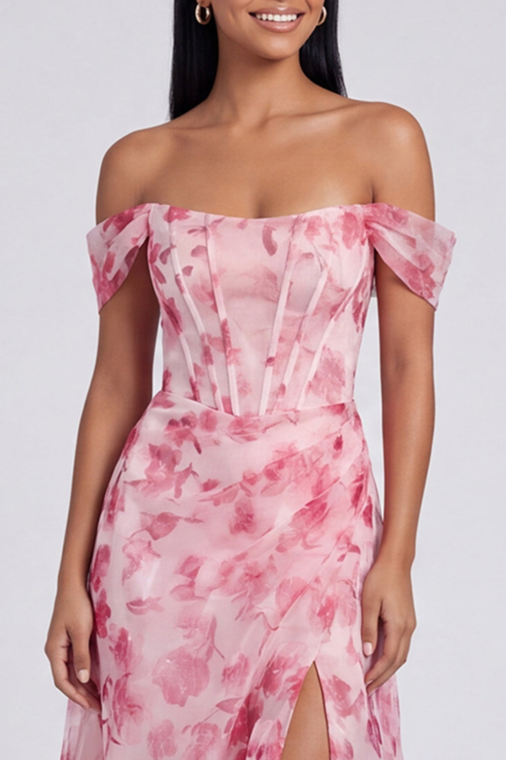 Off The Shoulder Blue Floral A Line Formal Dress with Slit