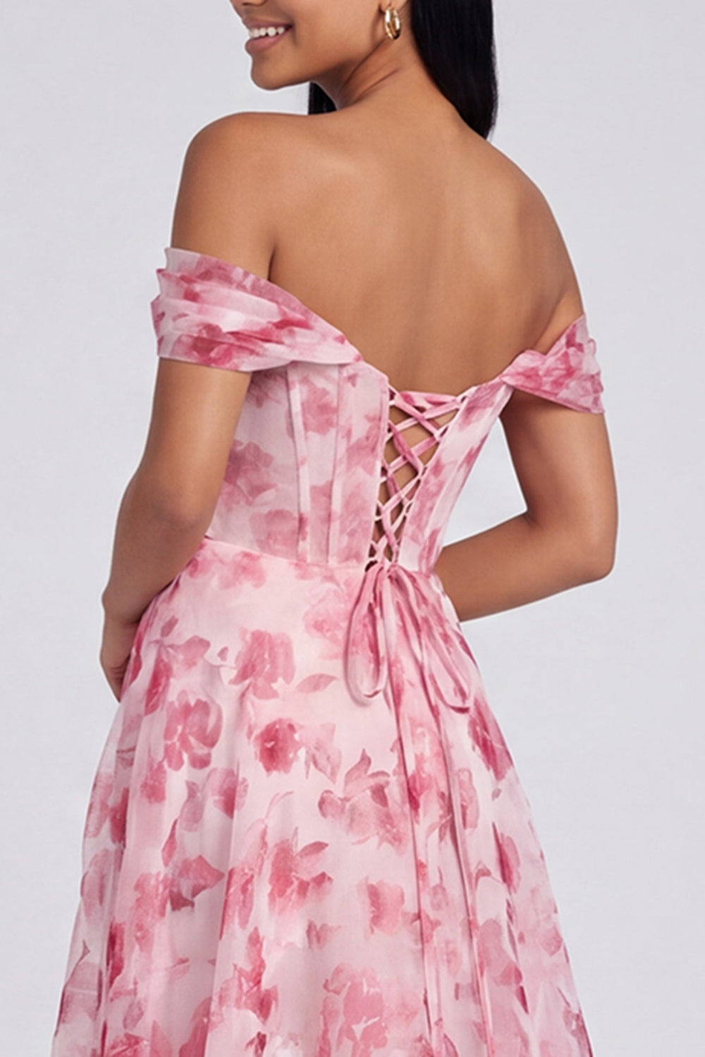 Off The Shoulder Blue Floral A Line Formal Dress with Slit