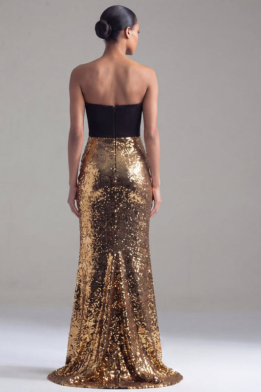 Black and Gold Strapless Sequin Mermaid Formal Dress