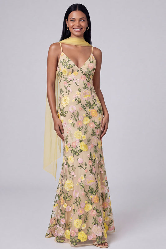 Yellow Floral Spaghetti Straps Mermaid Formal Dress with Neck Scarf
