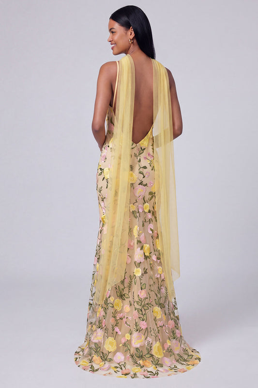 Yellow Floral Spaghetti Straps Mermaid Formal Dress with Neck Scarf