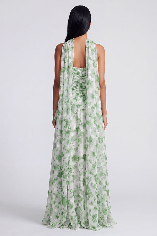 Robe longue bustier évasée vert clair à motifs floraux avec écharpe
