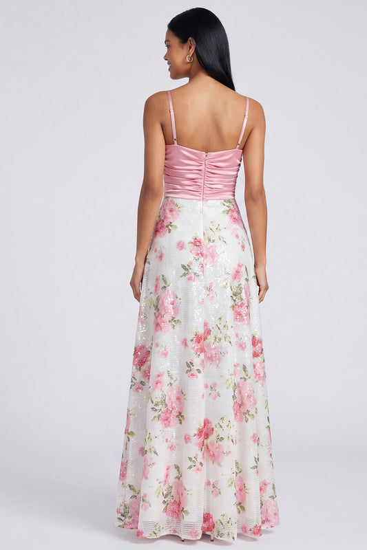 A Line Light Pink Spaghetti Straps Maxi Floral Dress