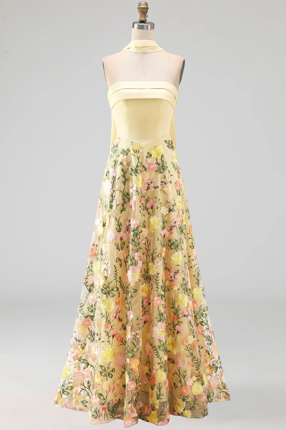 Strapless Yellow A Line Maxi Floral Dress with Scarf