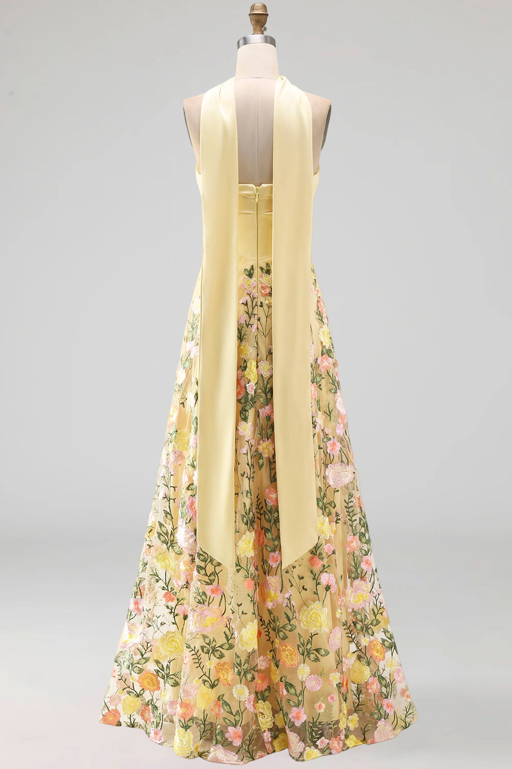 Strapless Yellow A Line Maxi Floral Dress with Scarf