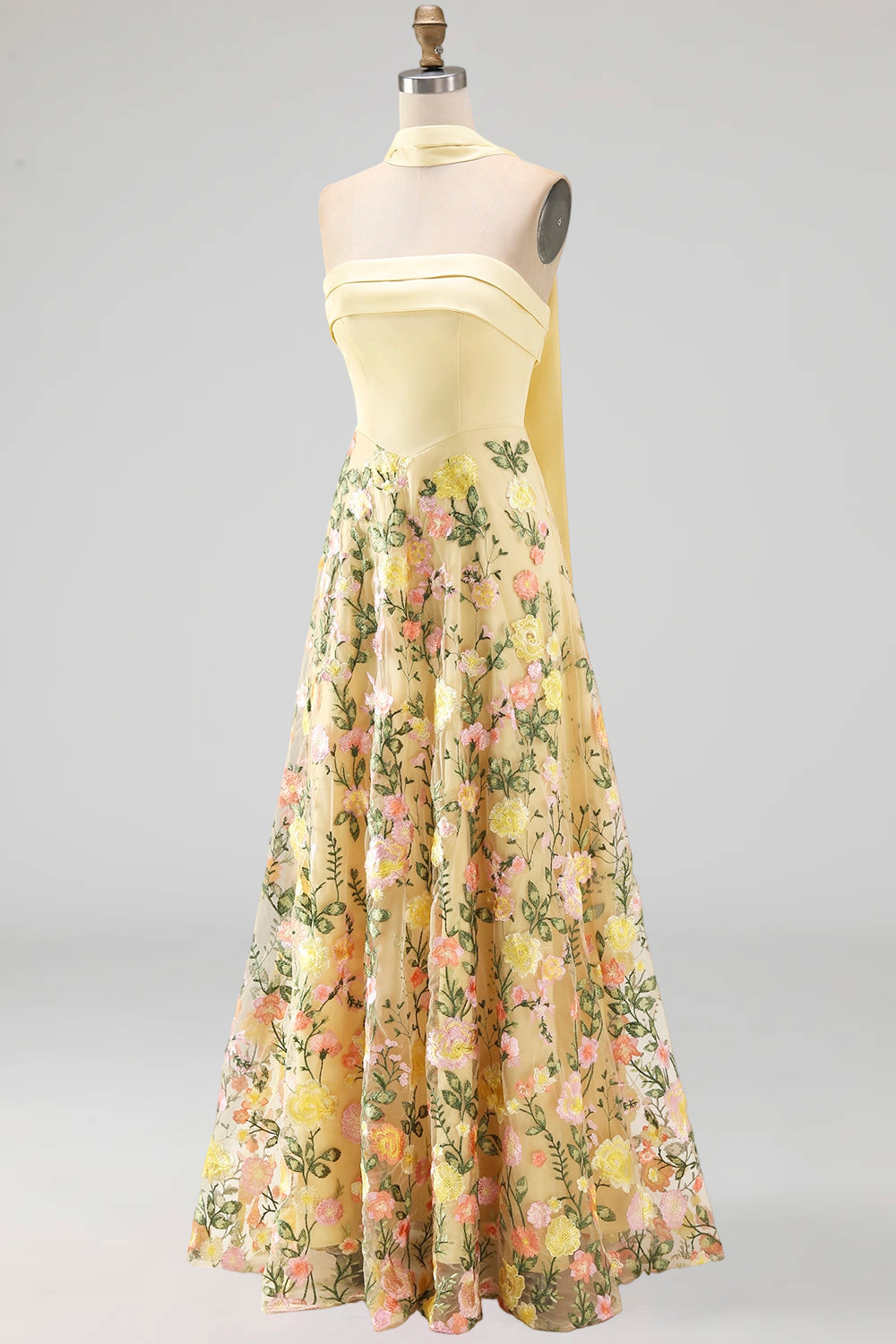 Strapless Yellow A Line Maxi Floral Dress with Scarf