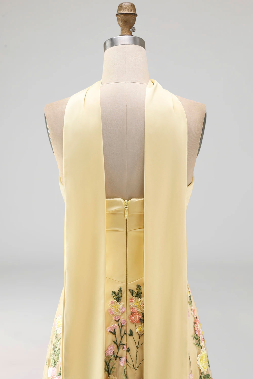 Strapless Yellow A Line Maxi Floral Dress with Scarf