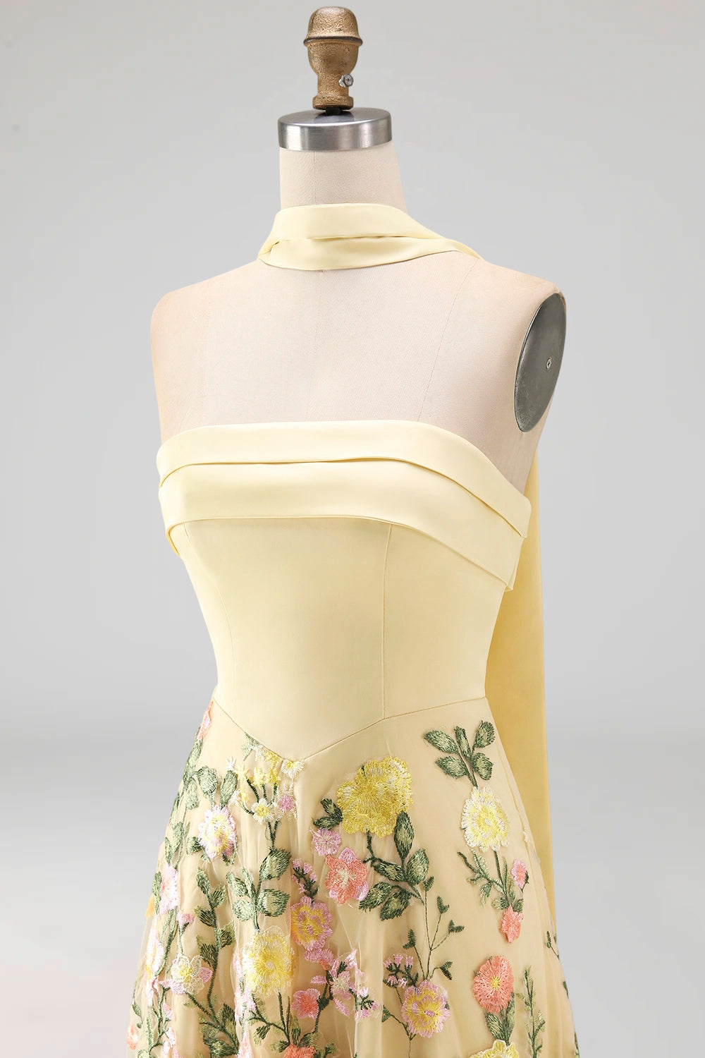 Strapless Yellow A Line Maxi Floral Dress with Scarf