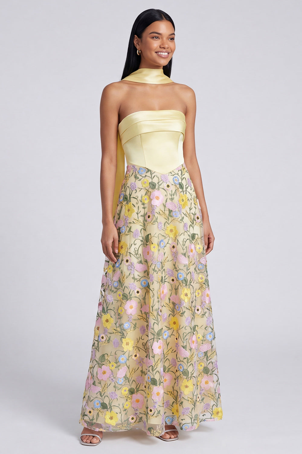 Strapless Yellow A Line Maxi Floral Dress with Scarf