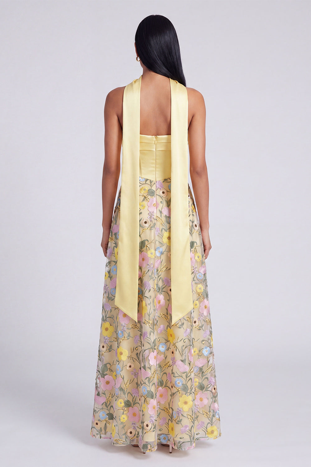 Strapless Yellow A Line Maxi Floral Dress with Scarf
