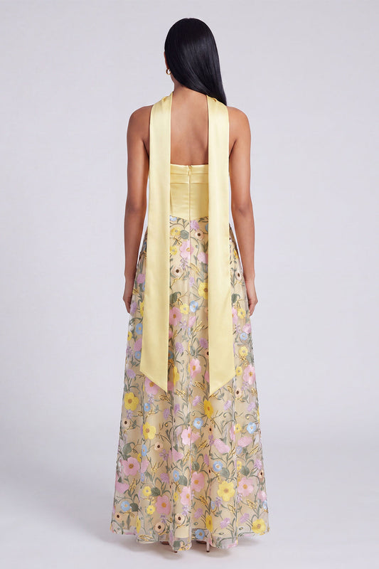 Strapless Yellow A Line Maxi Floral Dress with Scarf