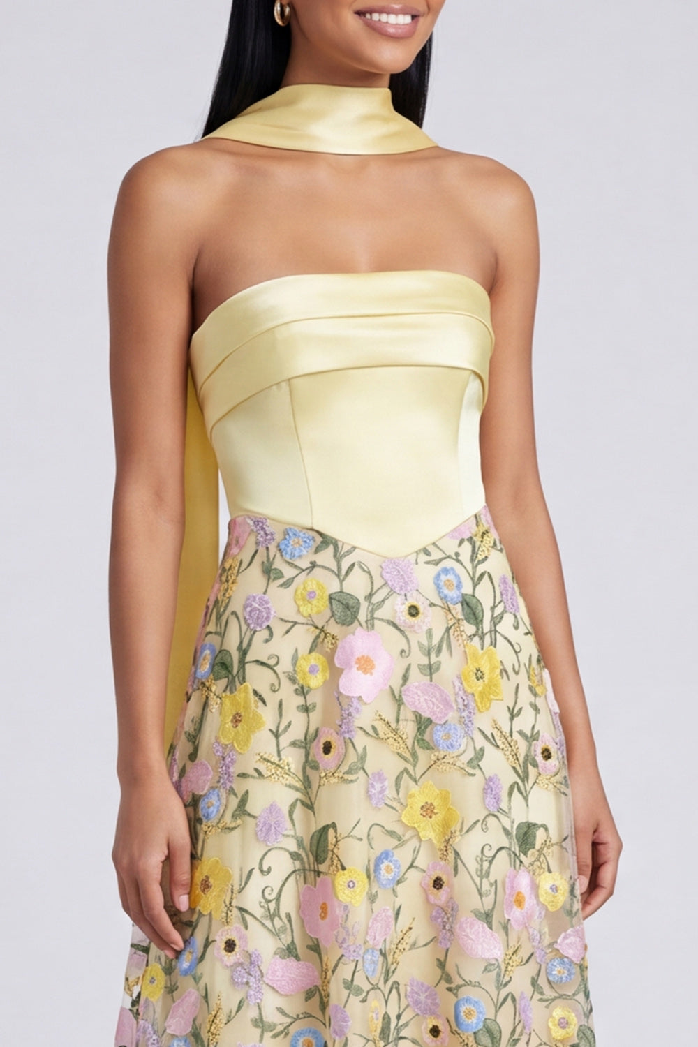 Strapless Yellow A Line Maxi Floral Dress with Scarf