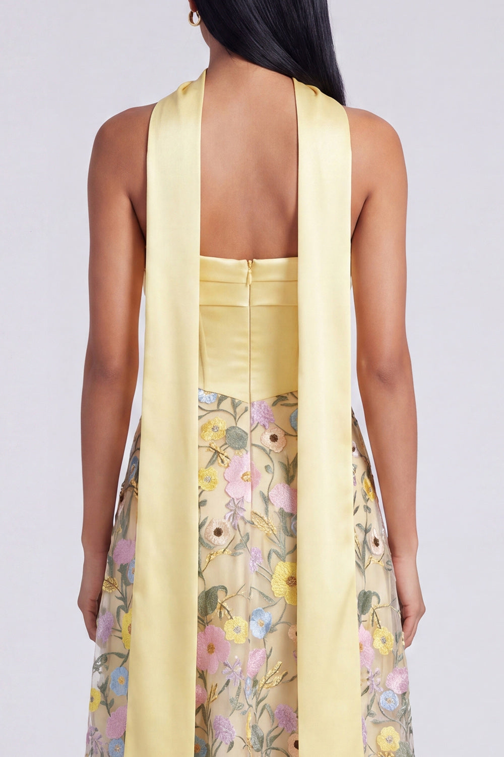 Strapless Yellow A Line Maxi Floral Dress with Scarf