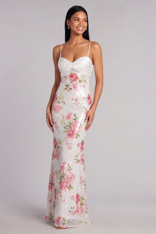 Ivory Floral Spaghetti Strap Sequin Mermaid Formal Dress