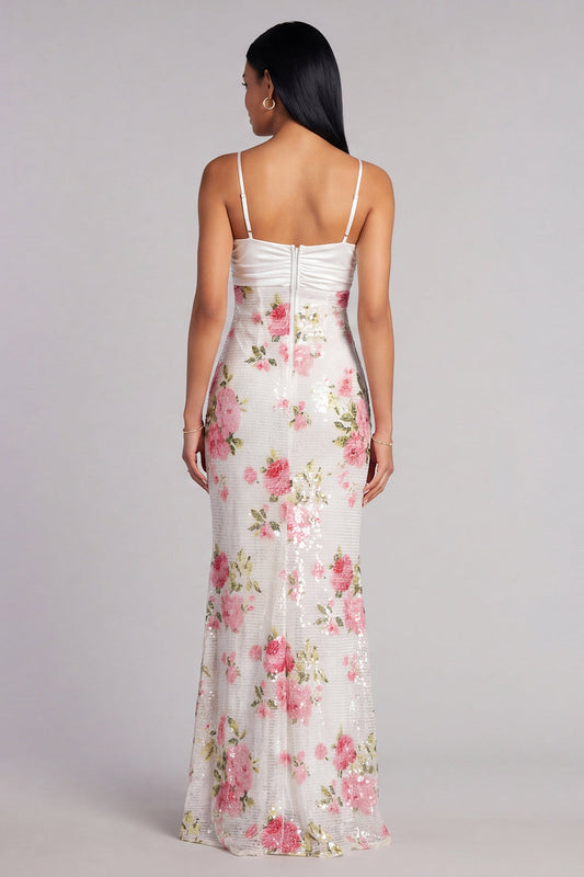 Ivory Floral Spaghetti Strap Sequin Mermaid Formal Dress