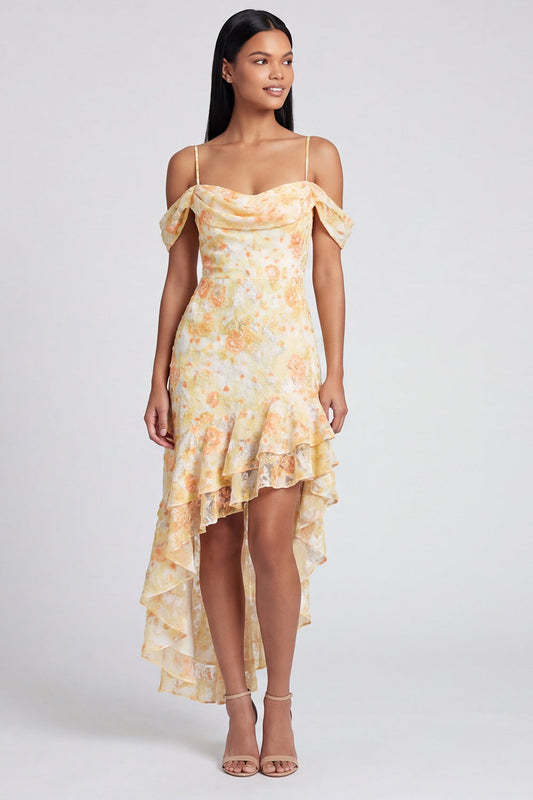 Yellow Cold Shoulder Ruffled Asymmetrical Floral Dress